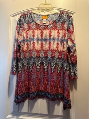 Ruby Rd. Red, Blue & Cream Beaded Ikat-Style Top